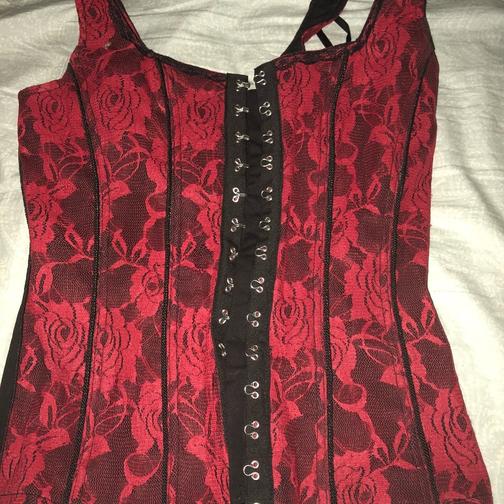 Royal Bones red and black lace corset top